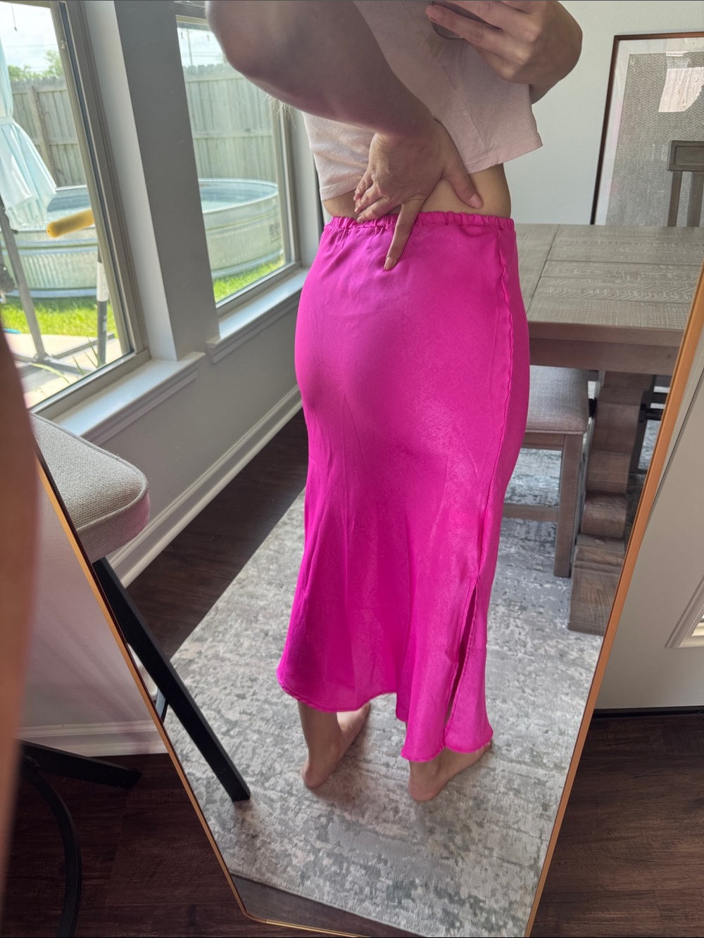 Neon Barbie Hot Pink Women's Satin Midi Slide Slit Skirt - Picture 14 of 16